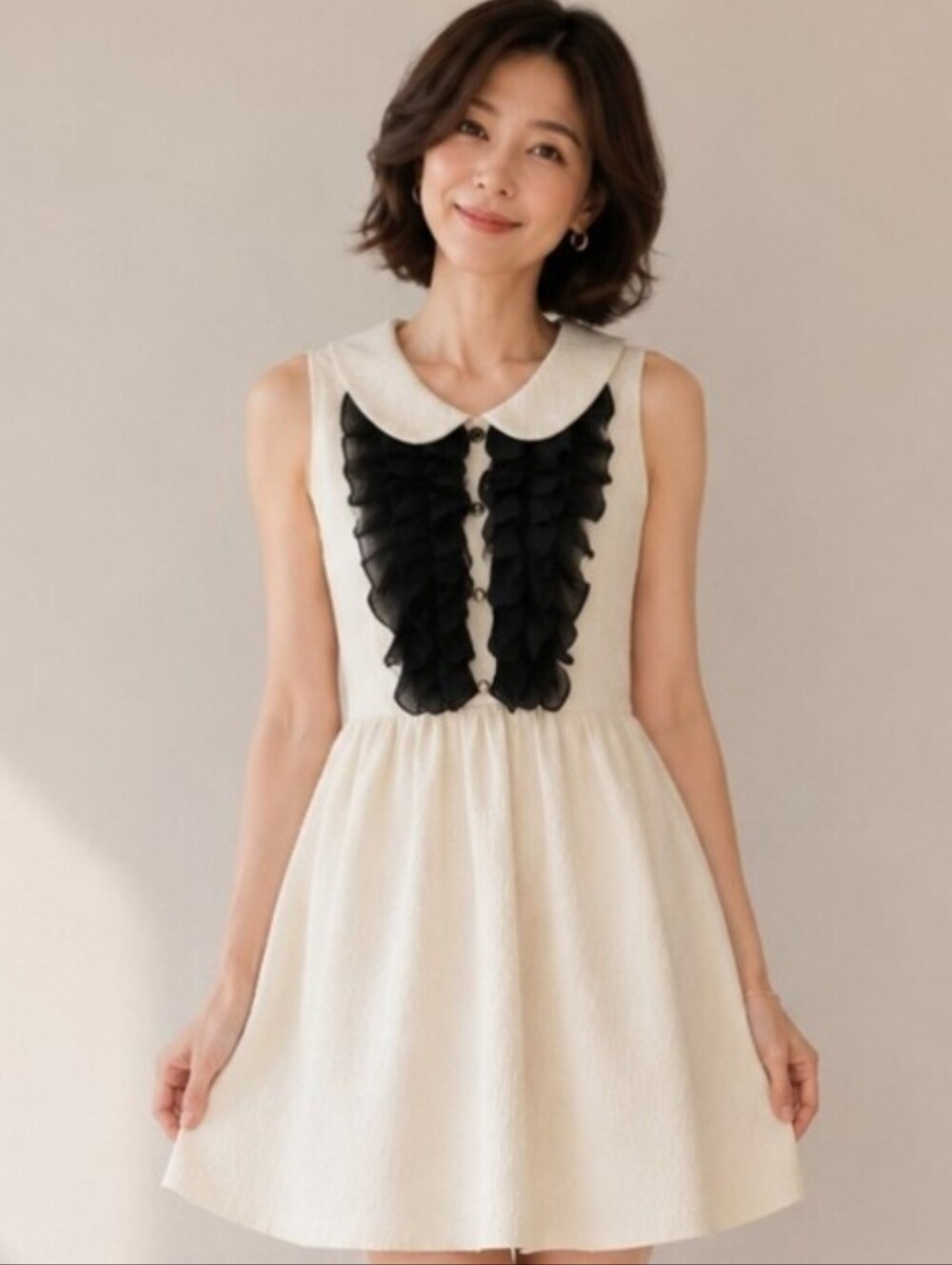 Kensie | Cream Fit & Flare Dress Black Frill Peter Pan Collar Sleeveless Mini - Picture 8 of 11